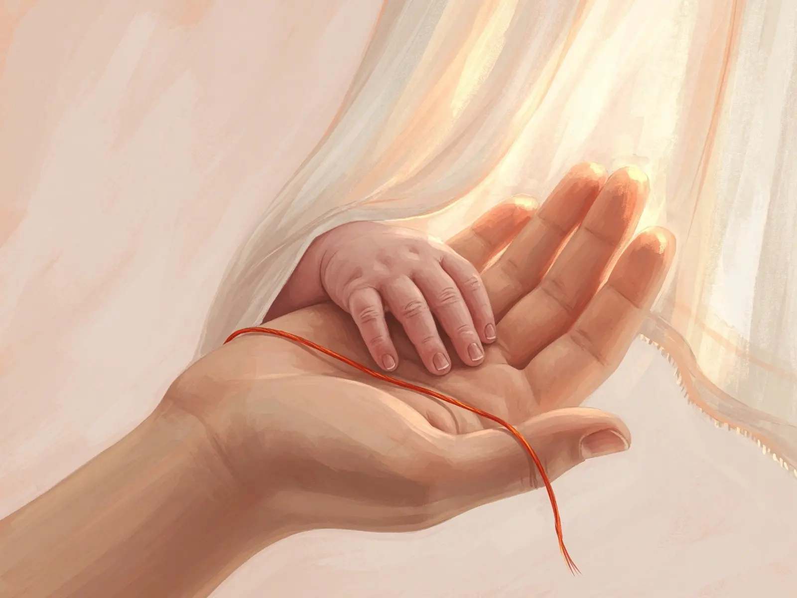 Illustration of a newborn's tiny hand resting in a parent's open palm, with a thin red thread