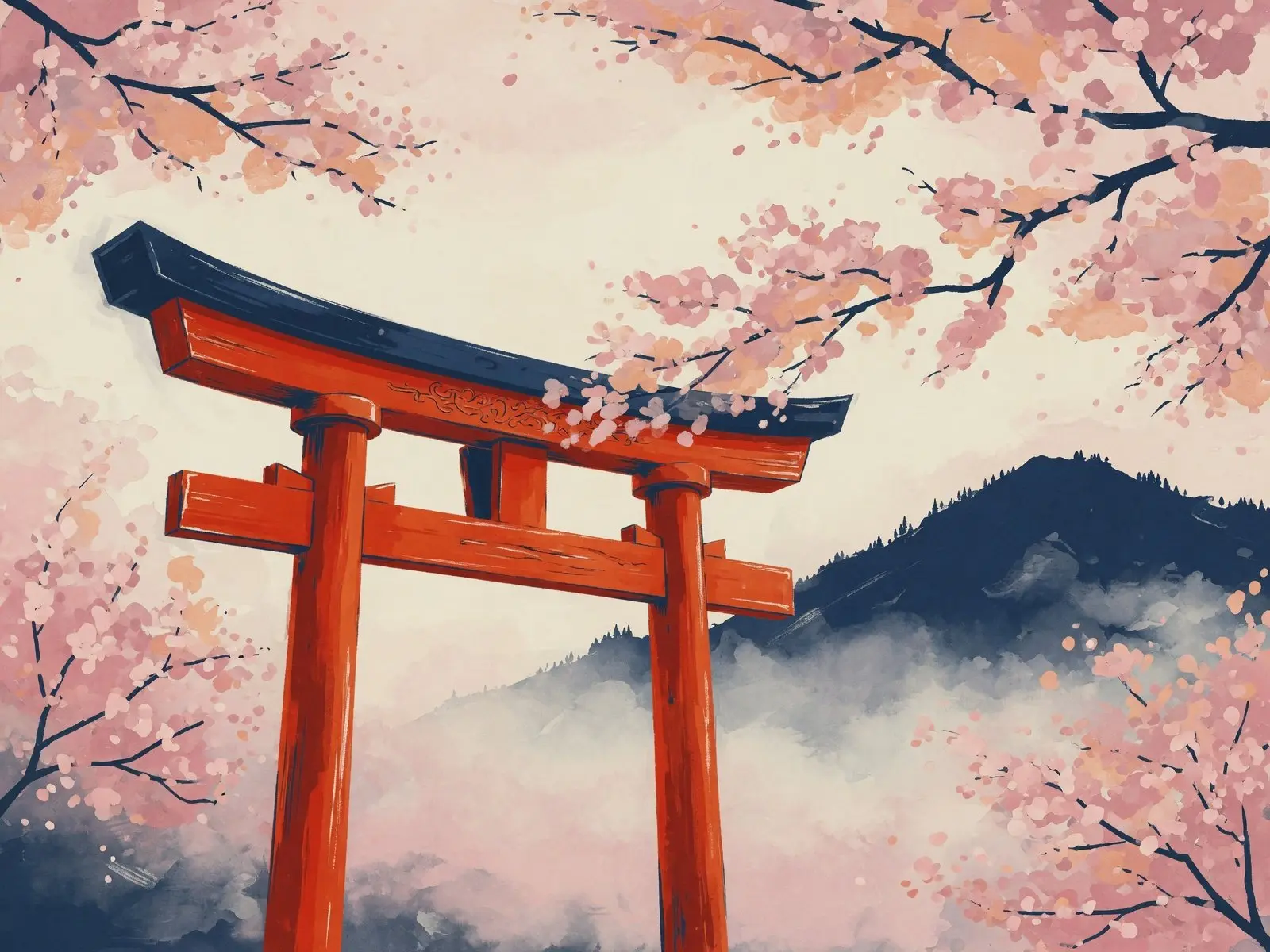 Illustration of a red torii gate framed by cherry blossom branches, with misty mountains behind