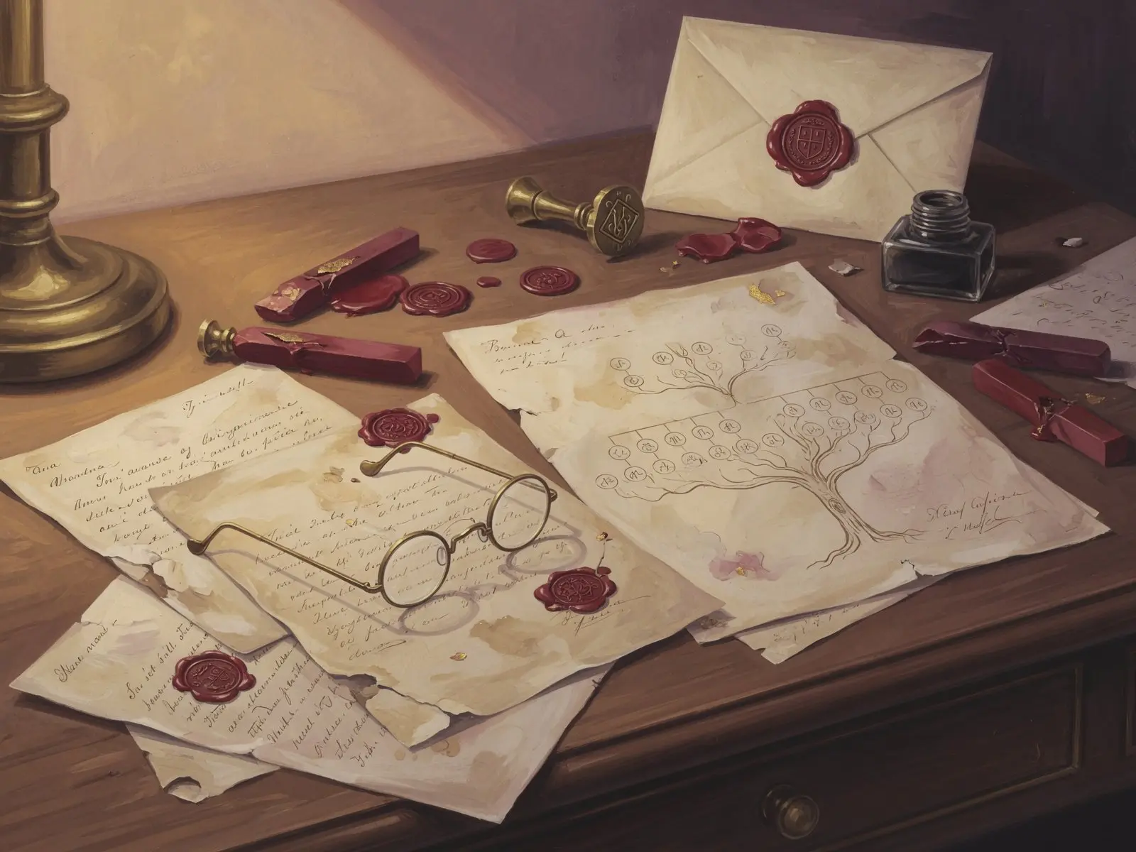 Painting of old letters with red wax seals, a family-tree drawing, a brass stamp and reading glasses on a wooden desk