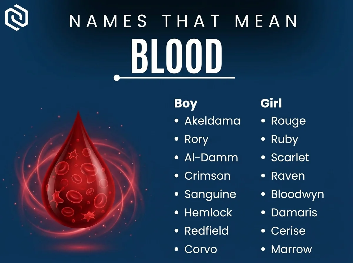 Infographic of boy and girl names that mean blood: Akeldama, Damaris, Rouge and Rory