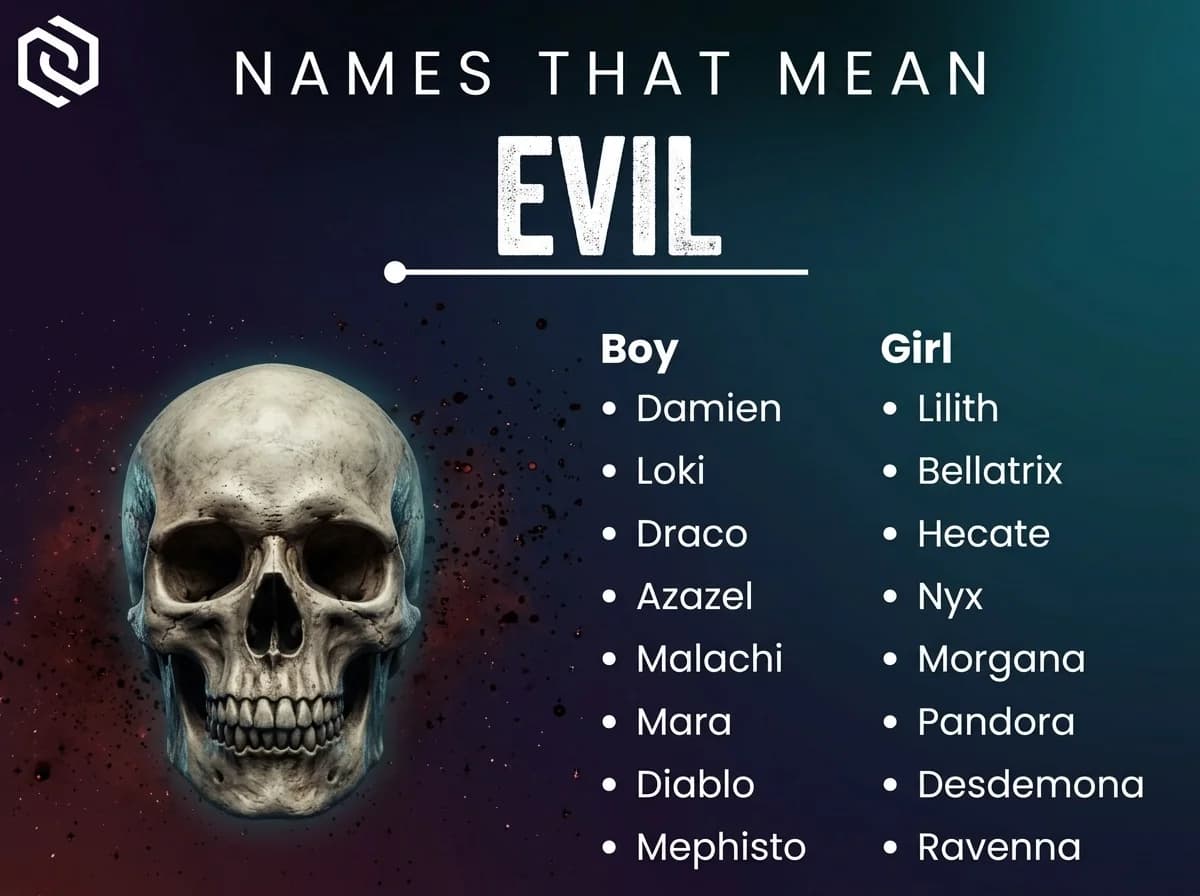 Infographic of boy and girl names that mean evil: Lilith, Hecate, Azazel and Nyx