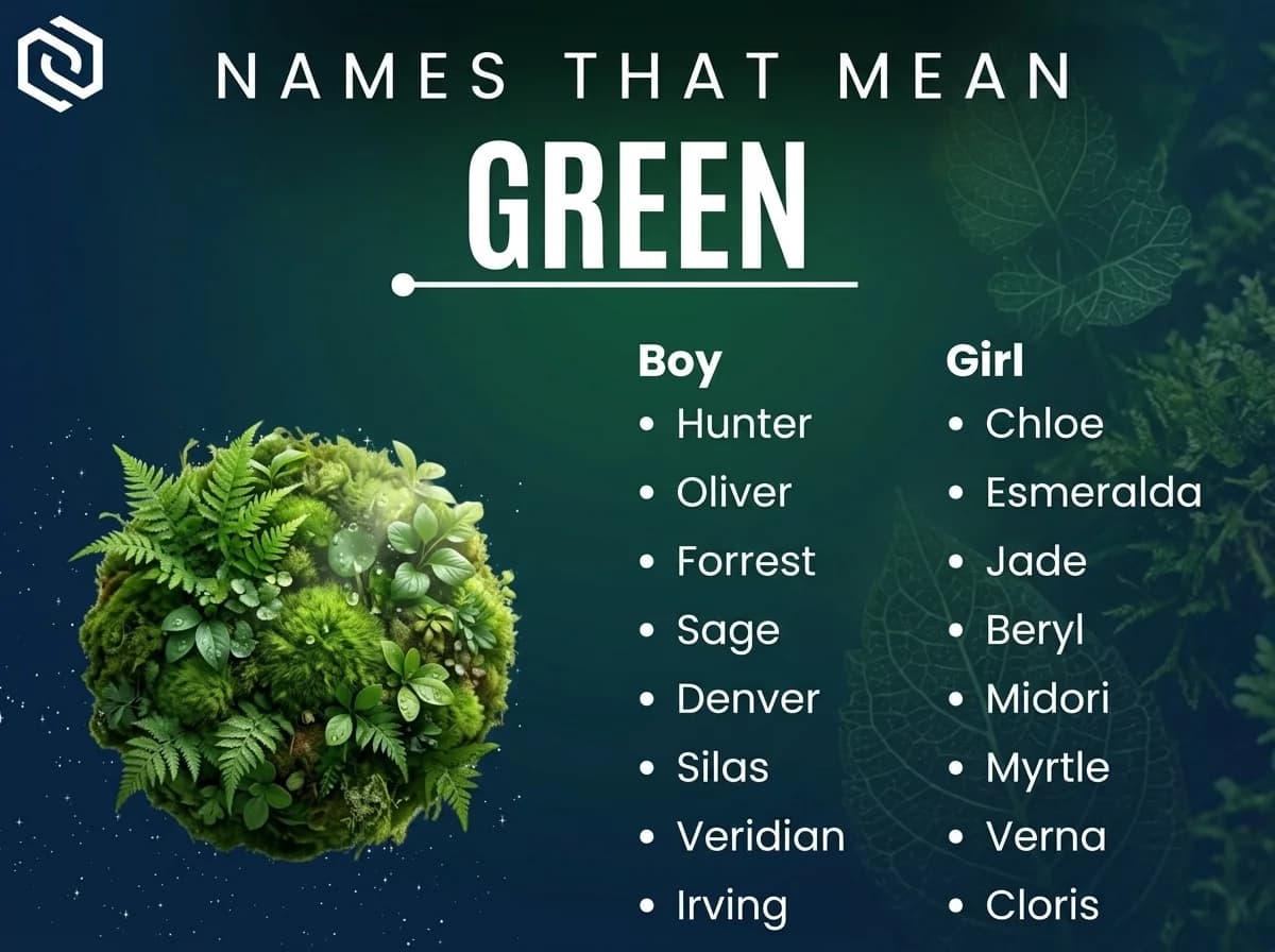 Infographic of boy and girl names that mean green: Hunter, Chloe, Oliver and Forrest
