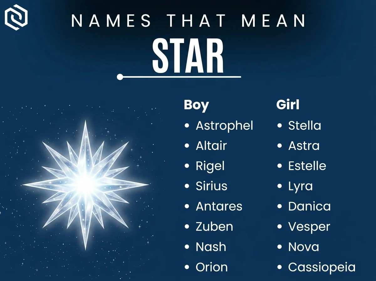 Infographic of boy and girl names that mean star: Stella, Altair, Astra and Estelle