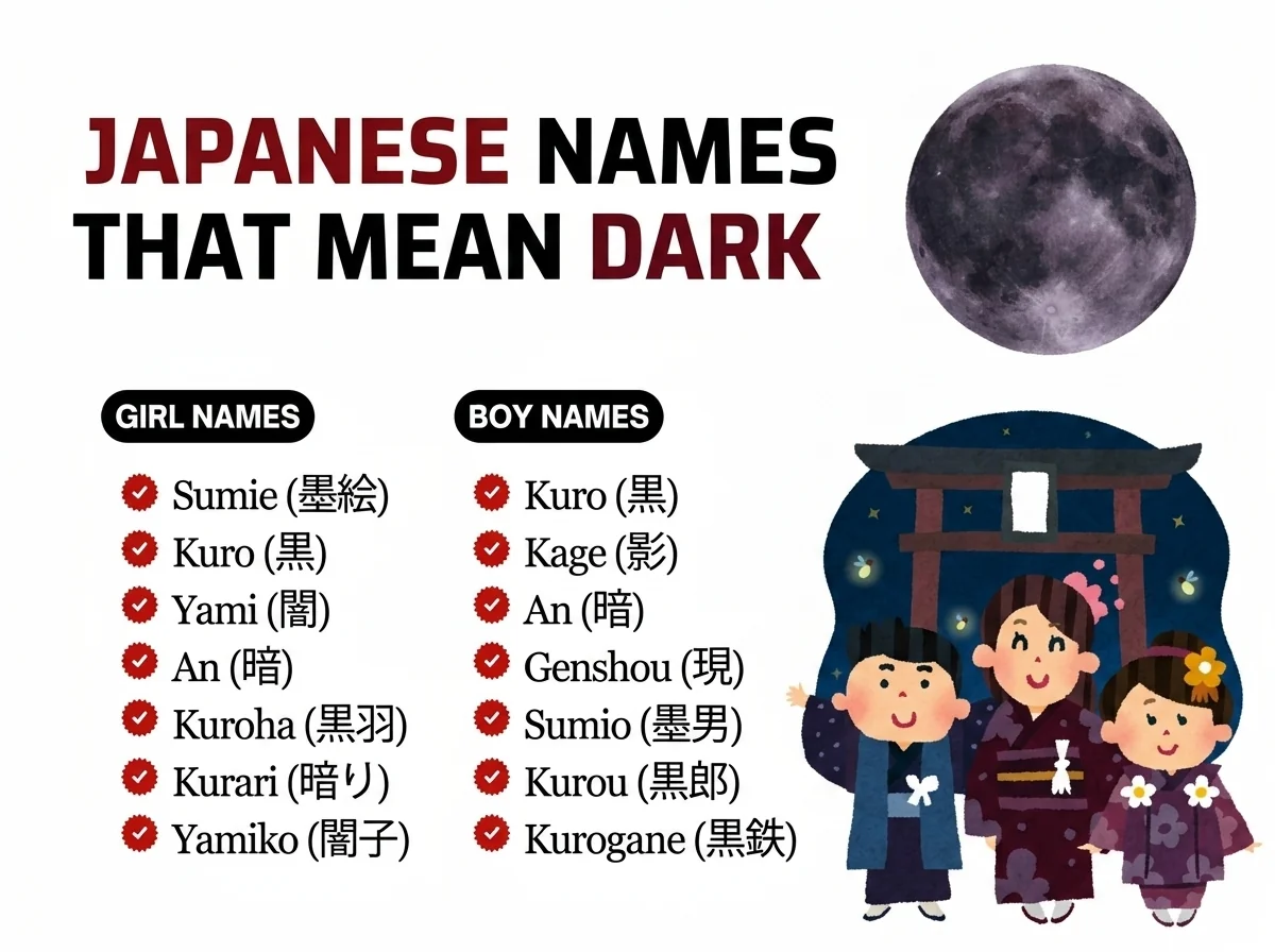 Infographic of japanese boy and girl names that mean dark: Kuro, Kage, Yami and Kuroha