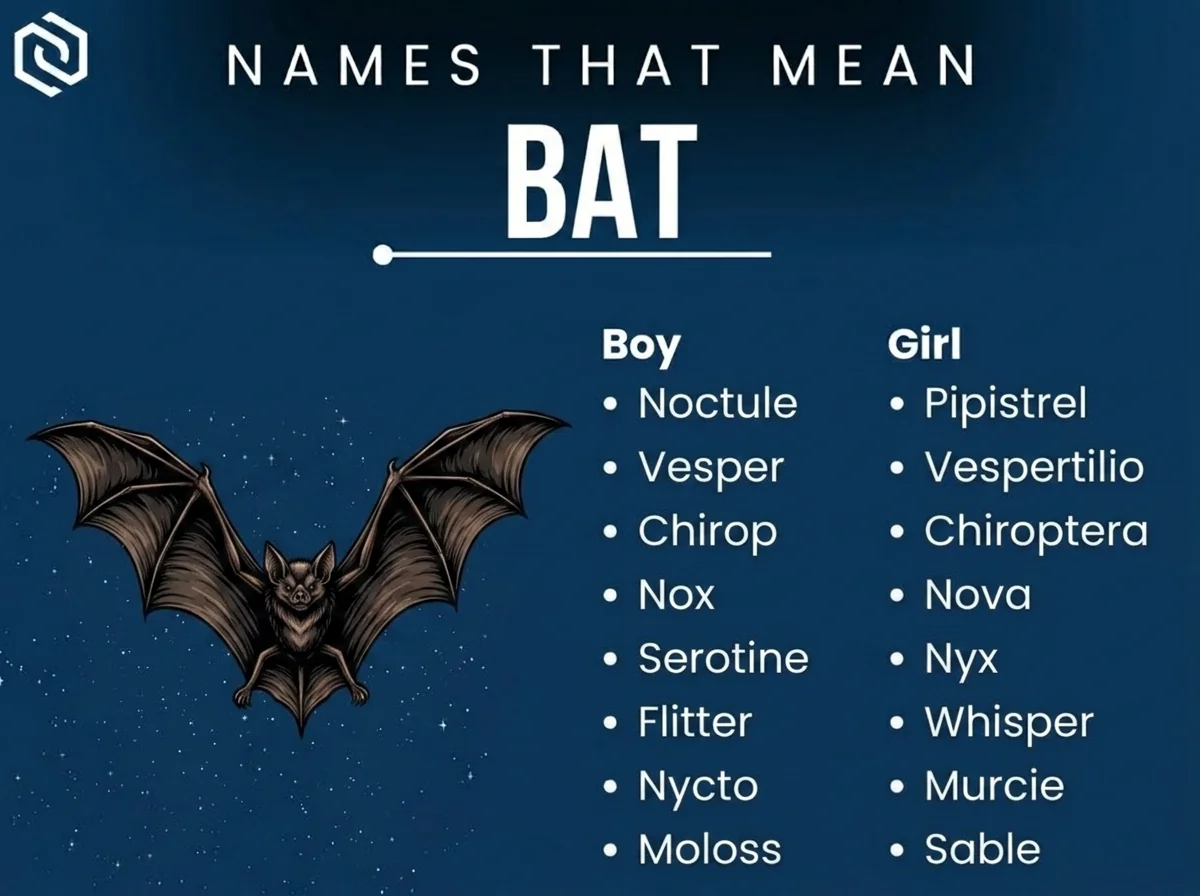 Infographic of boy and girl names that mean bat: Vesper, Vespertilio, Chiroptera and Nova