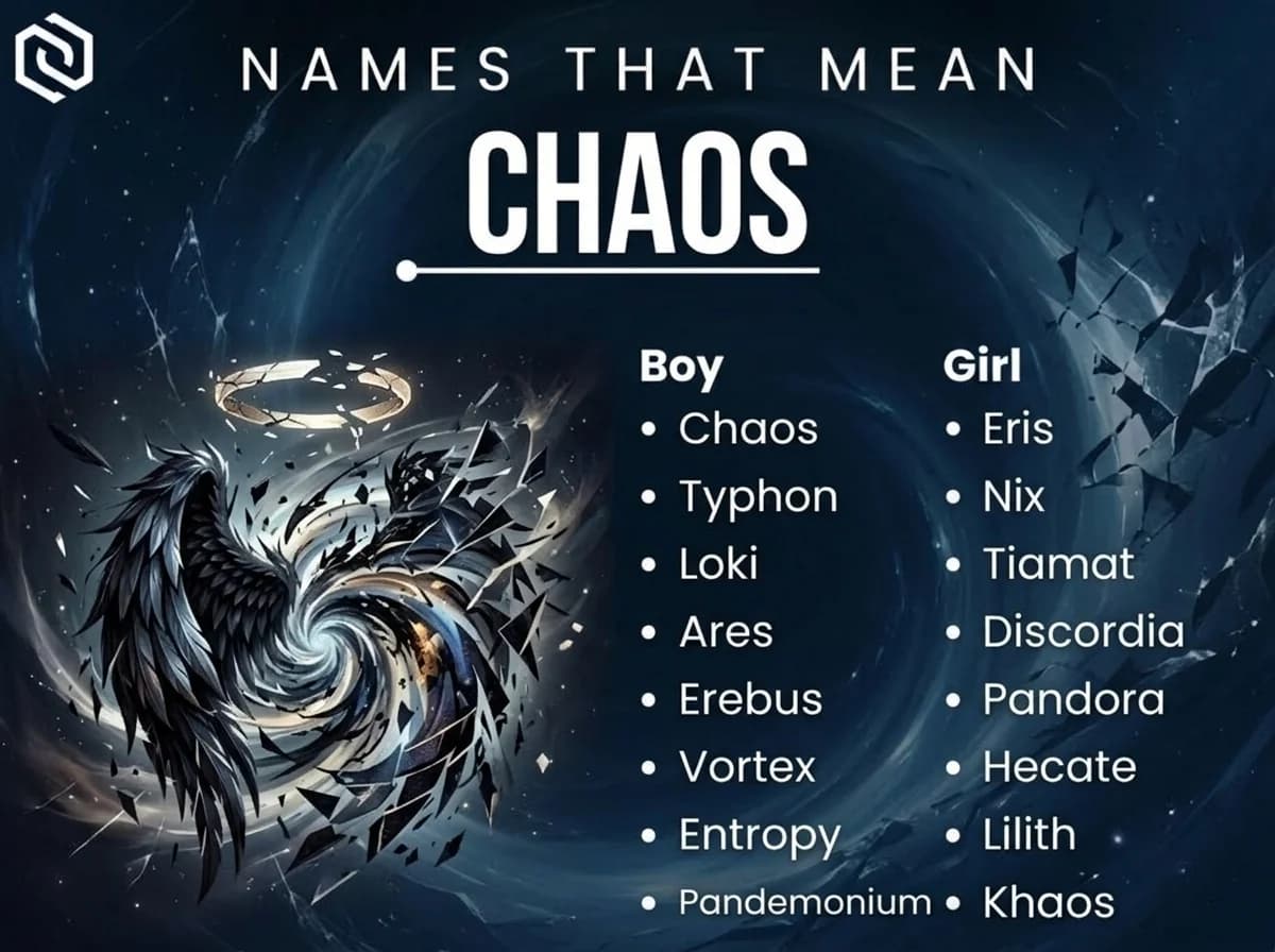 Infographic of boy and girl names that mean chaos: Eris, Typhon, Loki and Tiamat