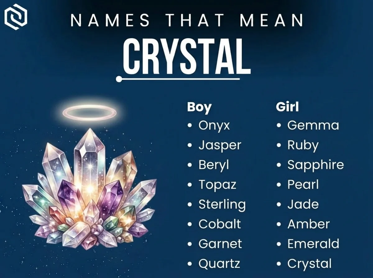 Infographic of boy and girl names that mean crystal: Onyx, Gemma, Jasper and Ruby