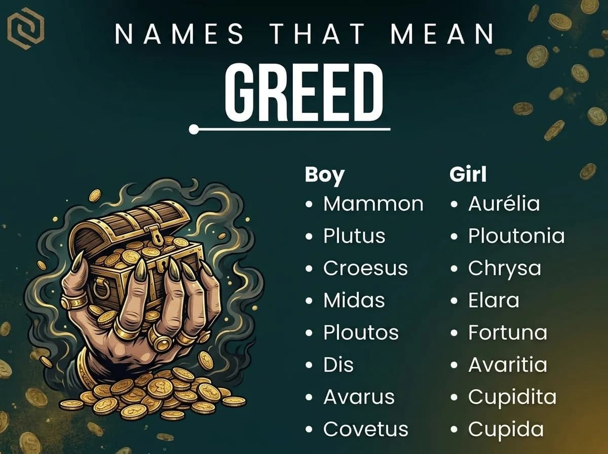 Infographic of boy and girl names that mean greed: Mammon, Plutus, Midas and Avaritia