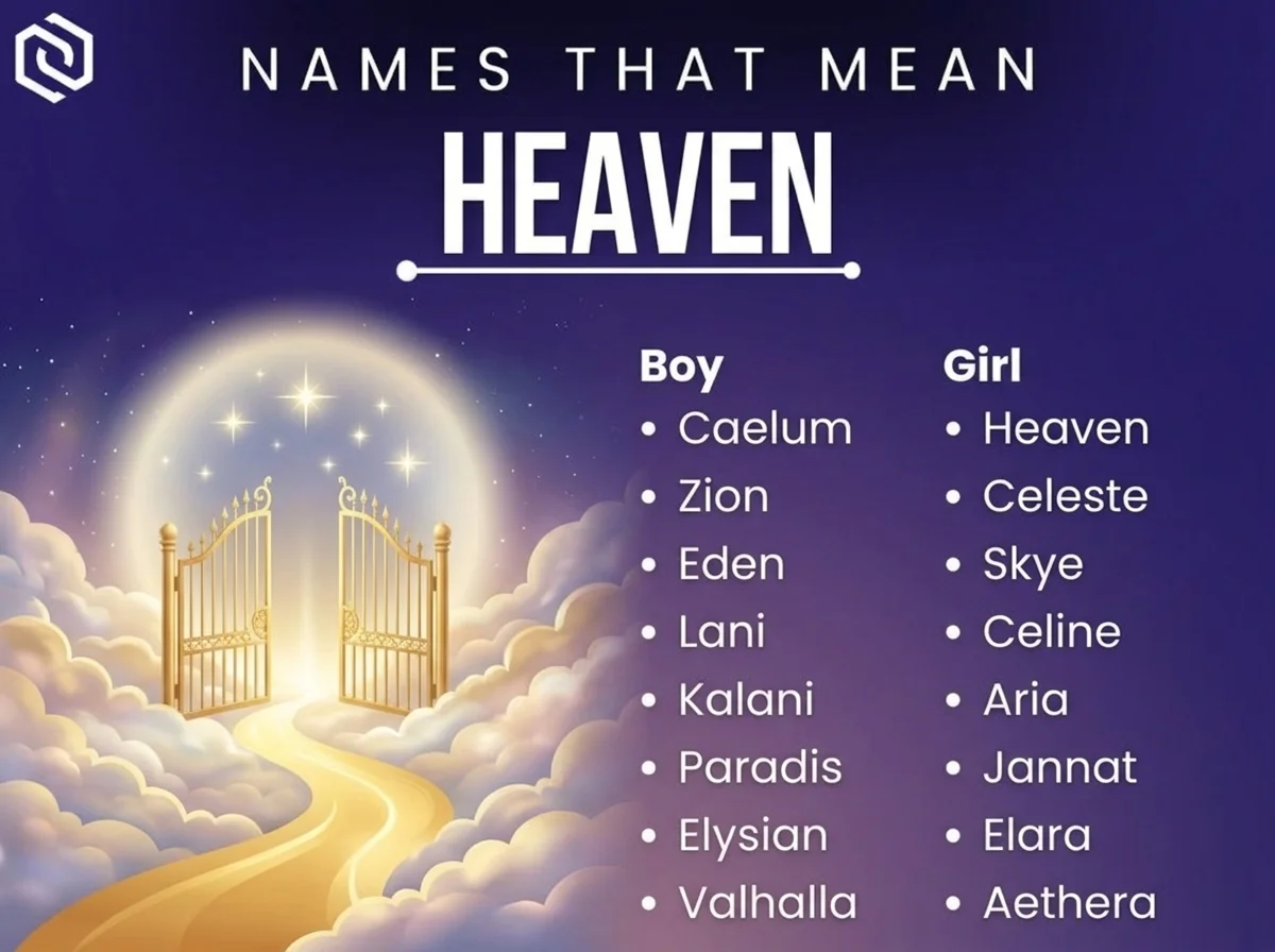 Infographic of boy and girl names that mean heaven: Caelum, Zion, Celeste and Eden