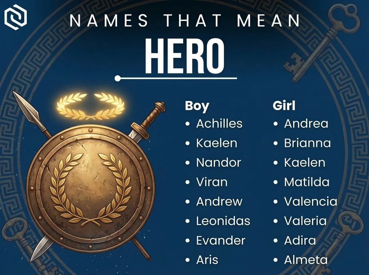 Infographic of boy and girl names that mean hero: Achilles, Leonidas, Evander and Andrea