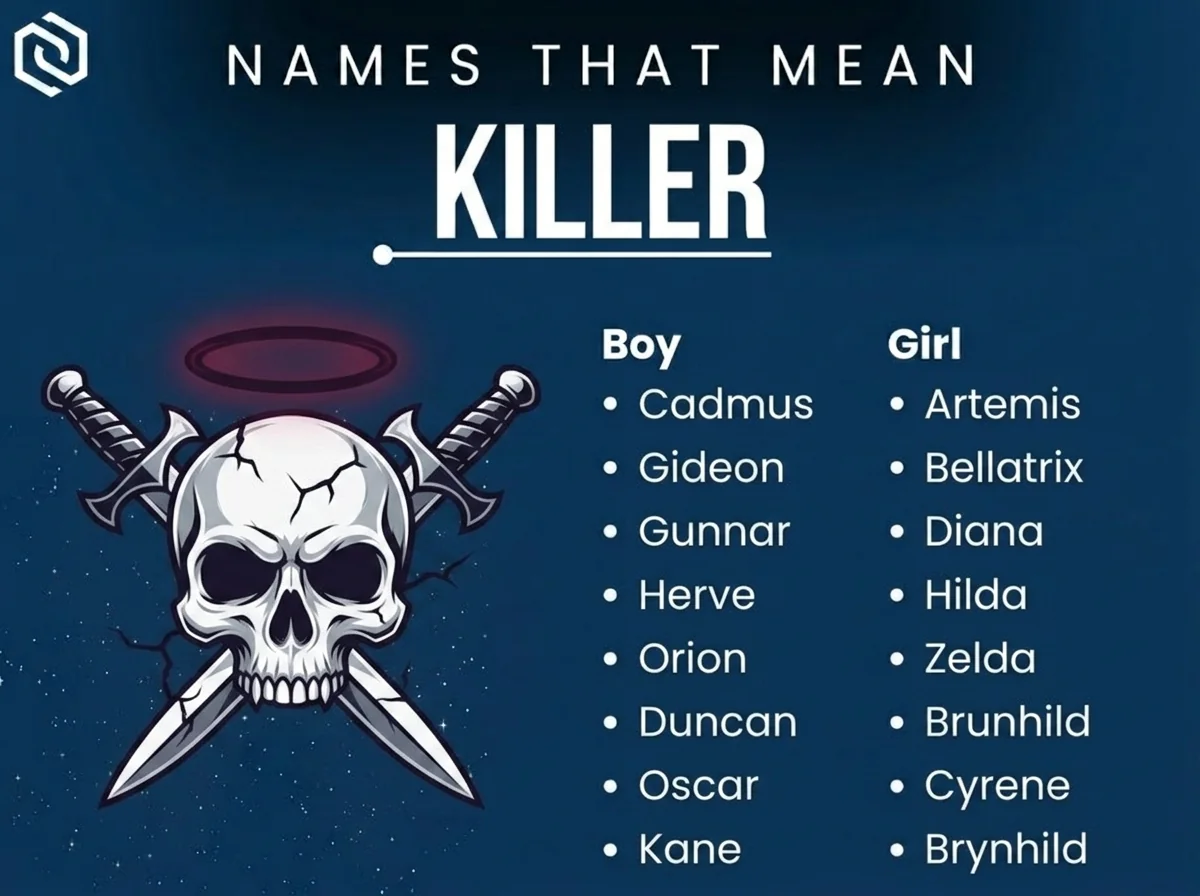Infographic of boy and girl names that mean killer: Artemis, Gunnar, Diana and Orion