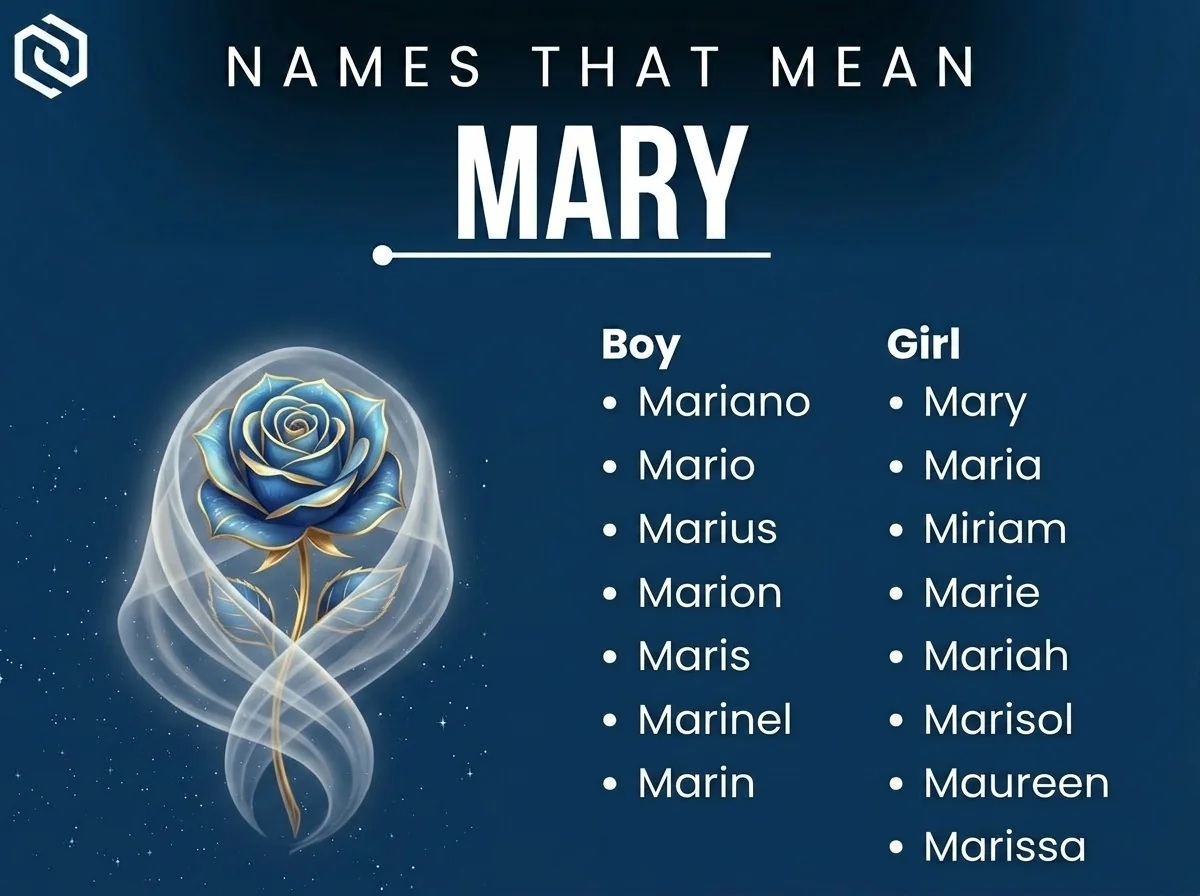 Infographic of boy and girl names that mean Mary: Mariano, Mario, Maria and Marius