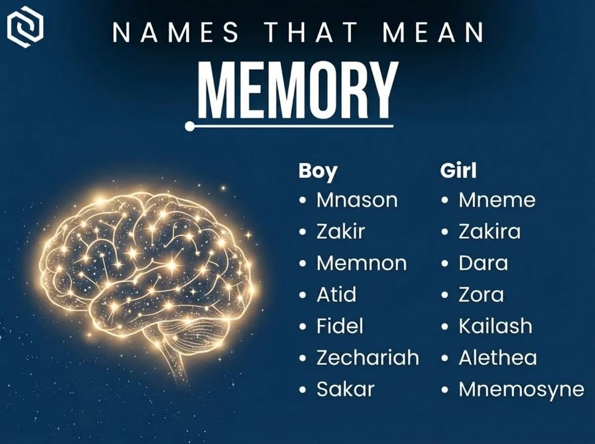 Infographic of boy and girl names that mean memory: Mneme, Zakir, Mnemosyne and Mnason