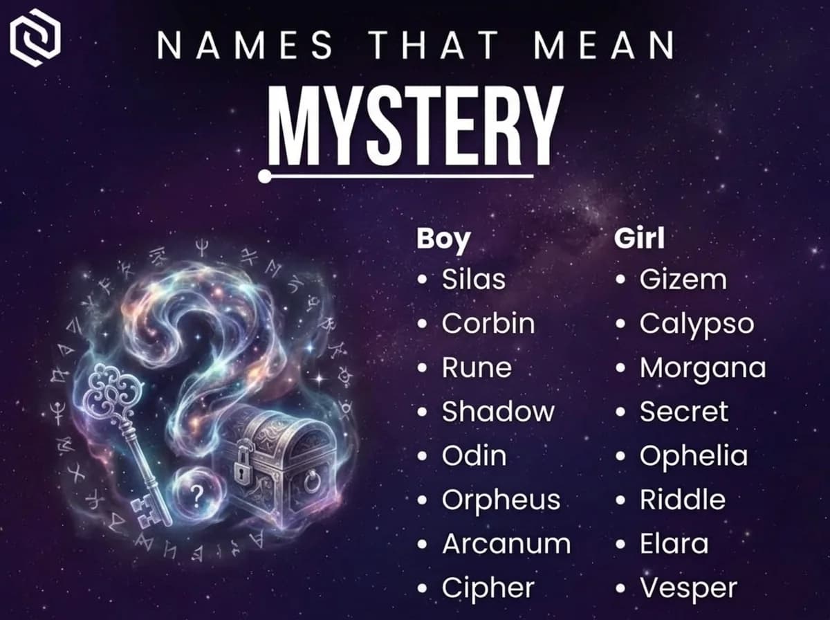 Infographic of boy and girl names that mean mystery: Gizem, Rune, Secret and Riddle