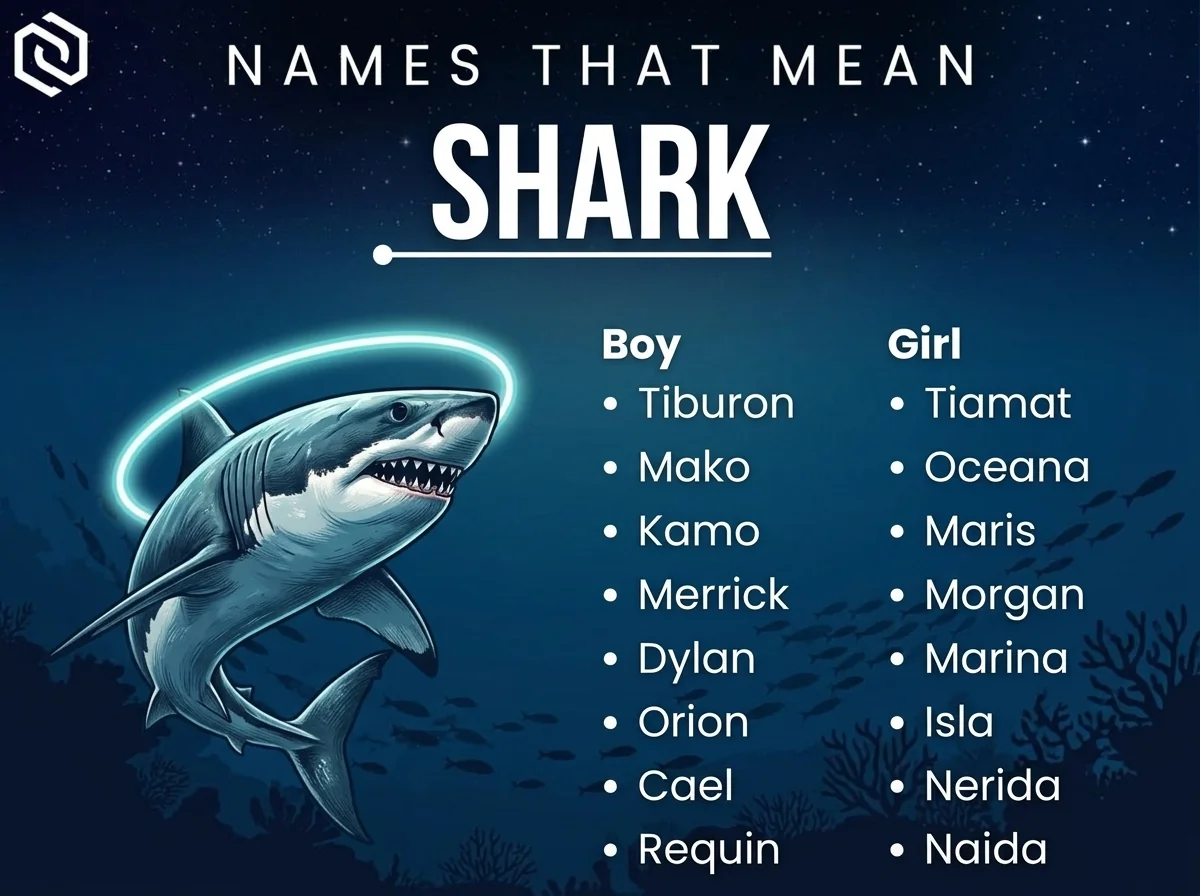 Infographic of boy and girl names that mean shark: Tiburon, Tiamat, Mako and Oceana