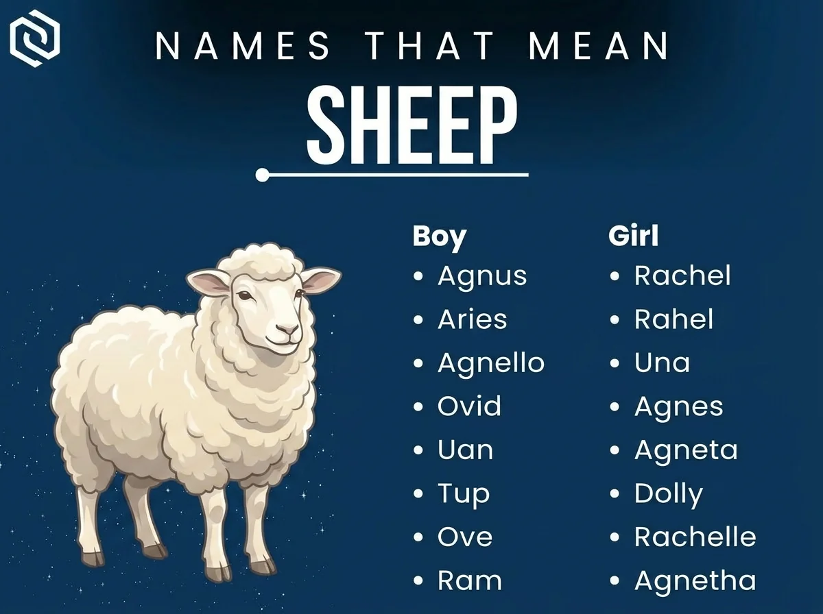 Infographic of boy and girl names that mean sheep: Agnus, Rachel, Aries and Rahel