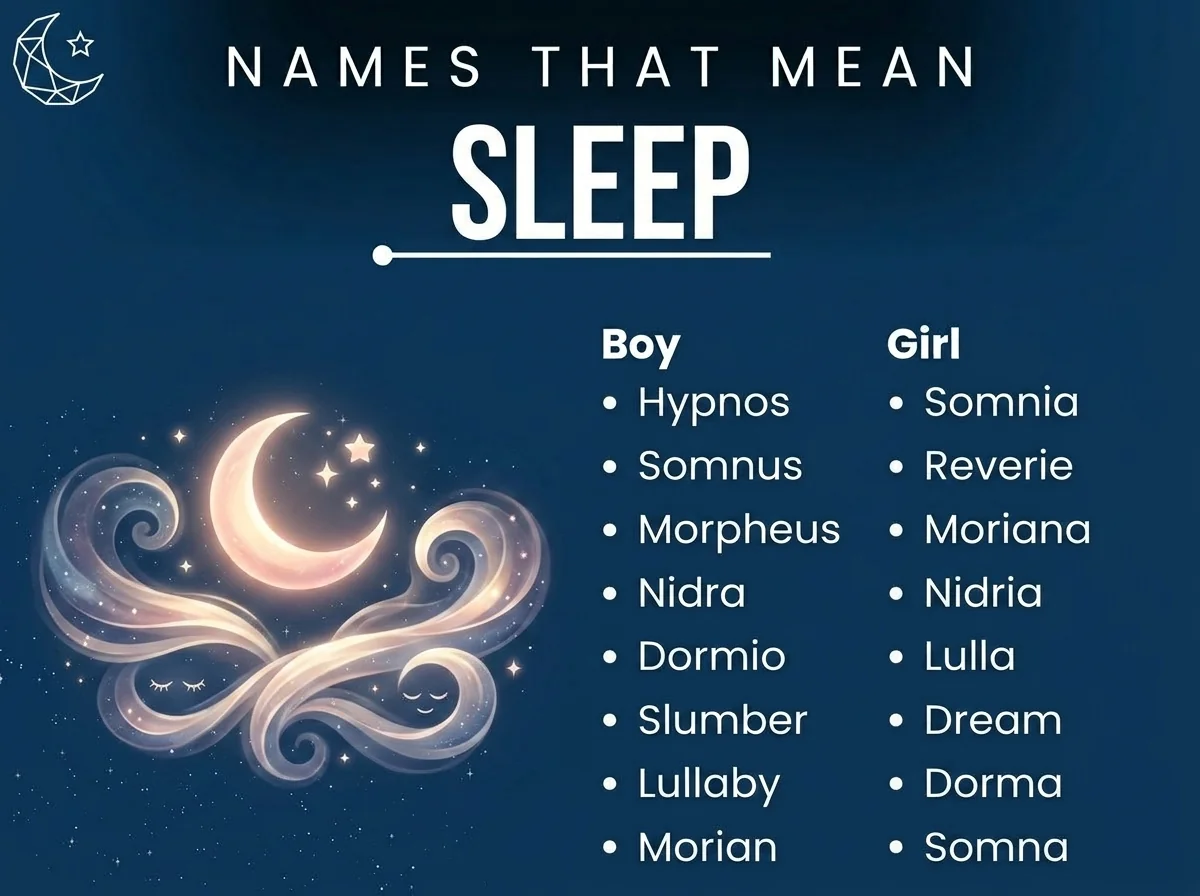 Infographic of boy and girl names that mean sleep: Hypnos, Somnia, Somnus and Morpheus