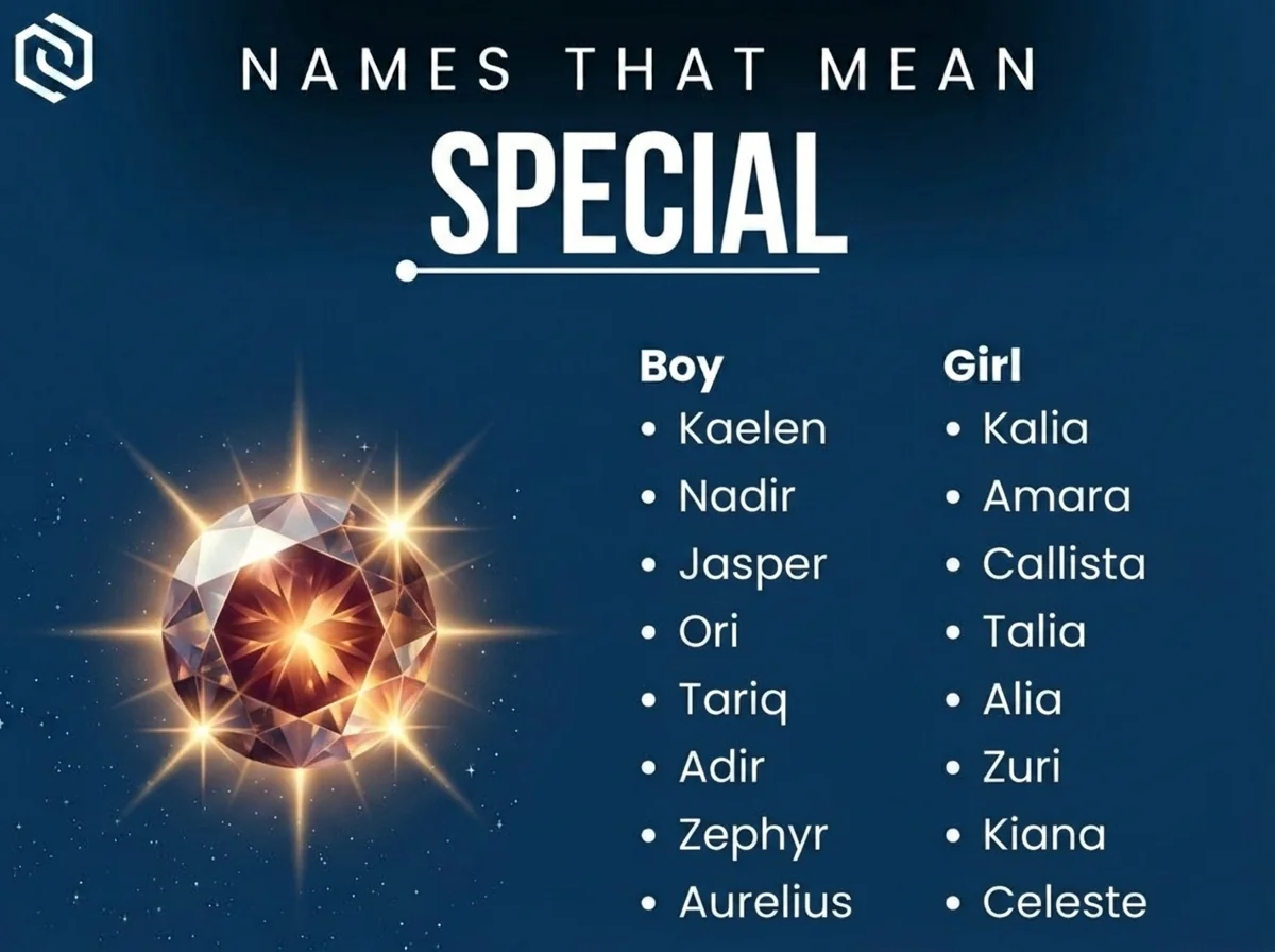 Infographic of boy and girl names that mean special: Nadir, Kaelen, Kalia and Amara