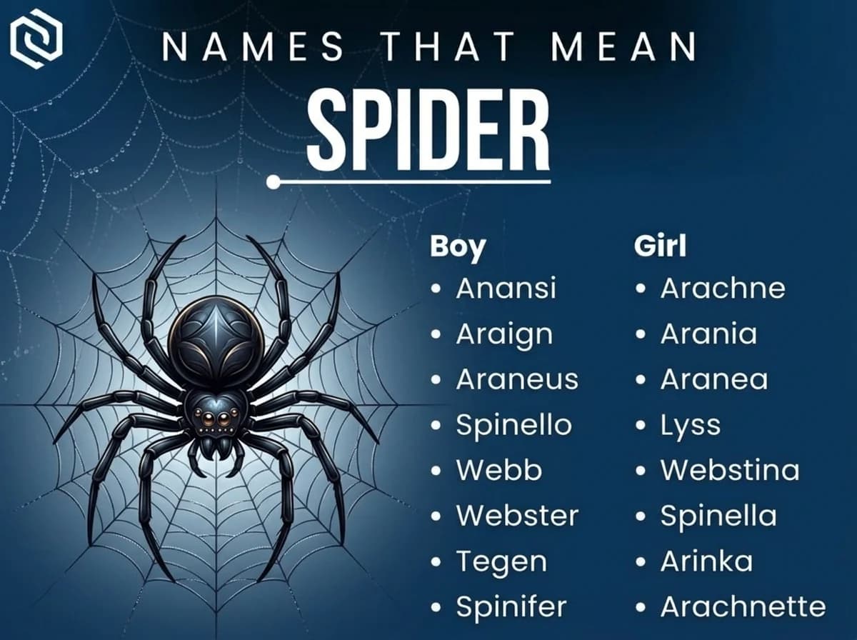 Infographic of boy and girl names that mean spider: Anansi, Arachne, Araneus and Aranea