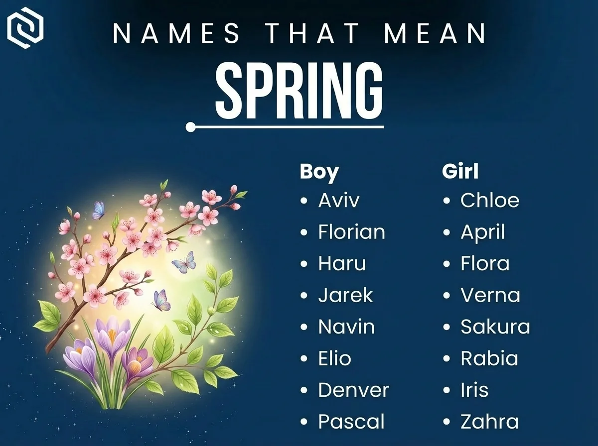 Infographic of boy and girl names that mean spring: Aviv, Chloe, Haru and Flora