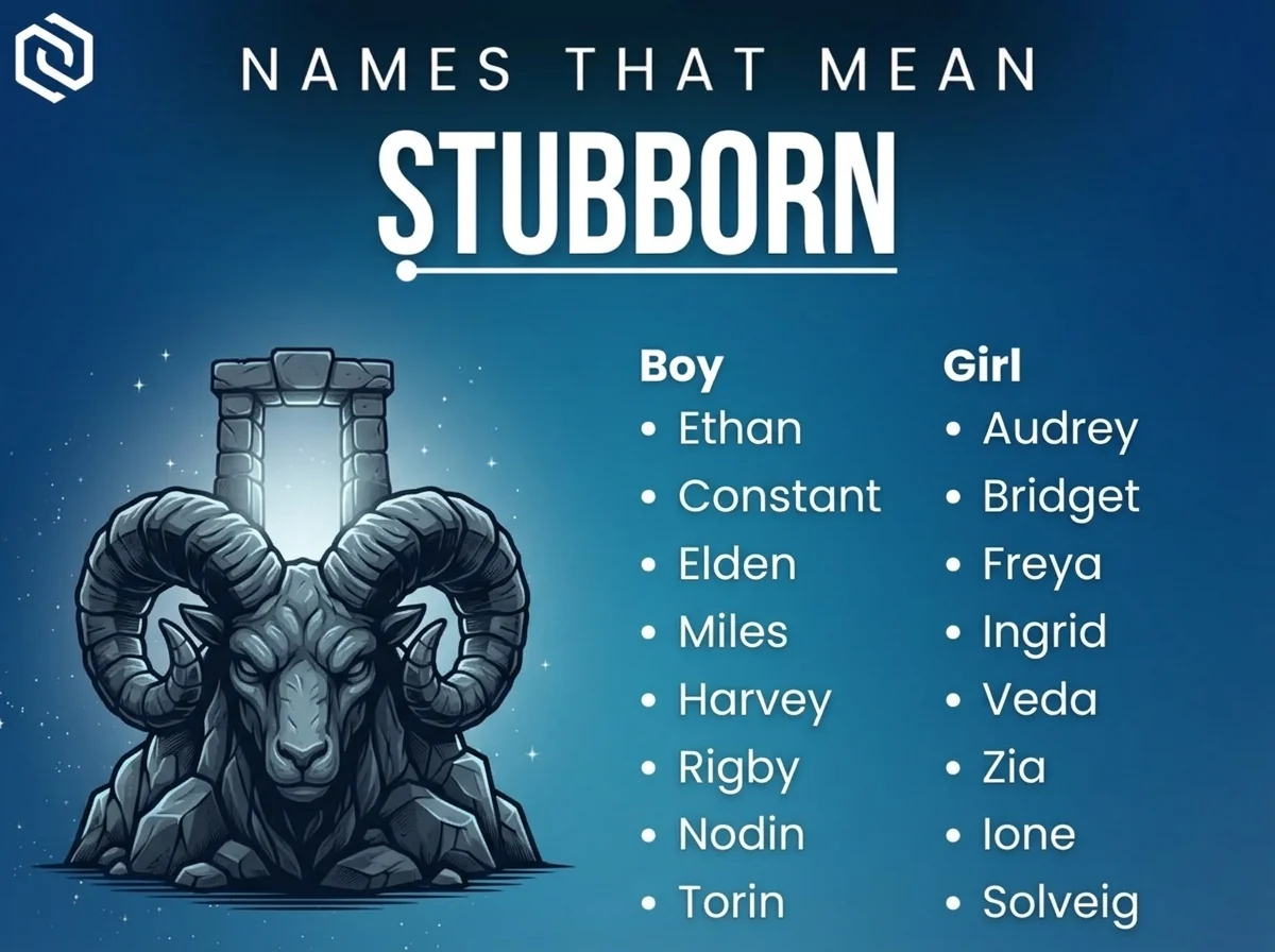 Infographic of boy and girl names that mean stubborn: Ethan, Bridget, Freya and Rigby