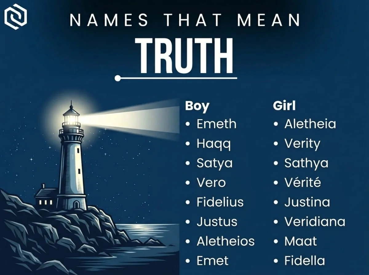 Infographic of boy and girl names that mean truth: Emeth, Aletheia, Verity and Satya