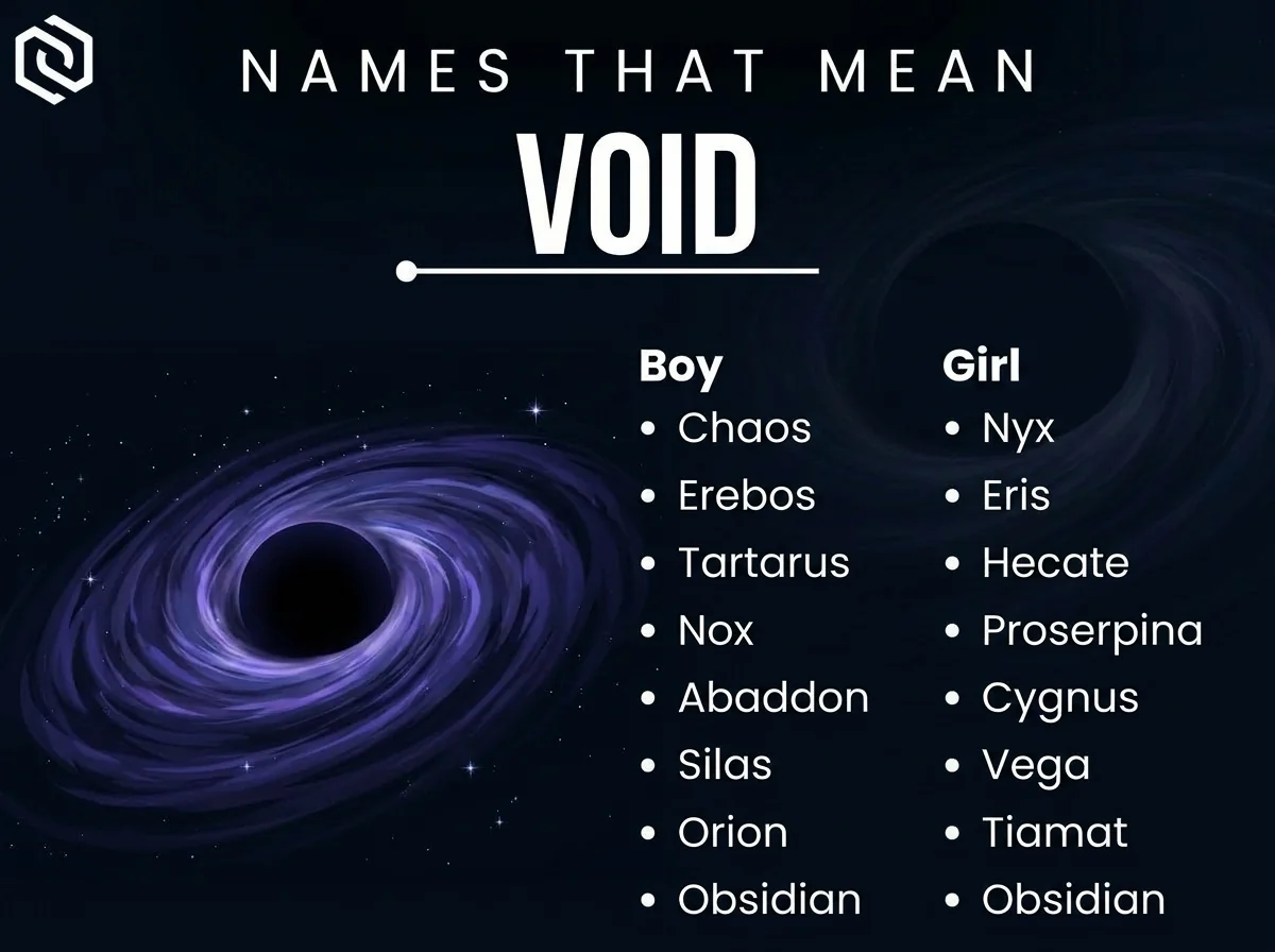 Infographic of boy and girl names that mean void: Chaos, Tartarus, Abaddon and Tiamat