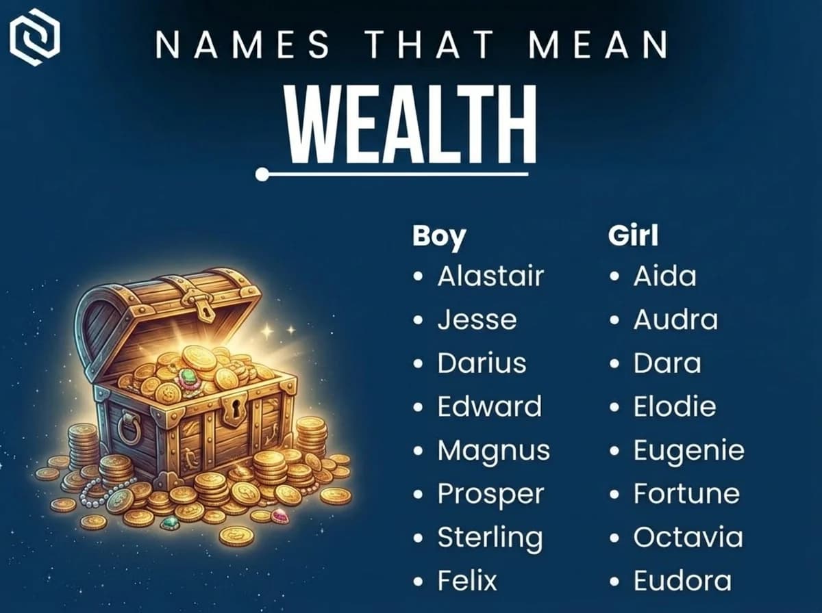 Infographic of boy and girl names that mean wealth: Darius, Edward, Fortune and Felix
