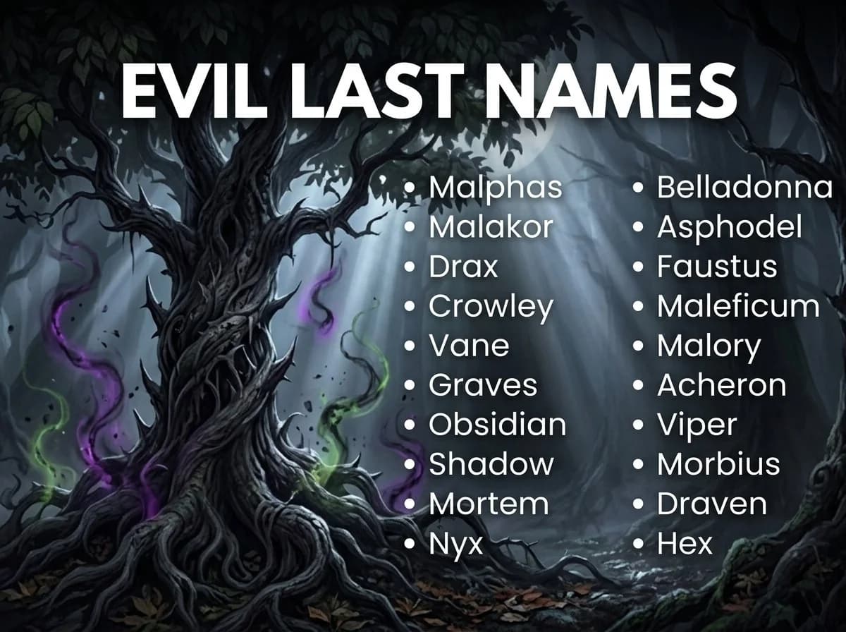 Infographic of last names that mean evil: Malphas, Belladonna, Malakor and Asphodel