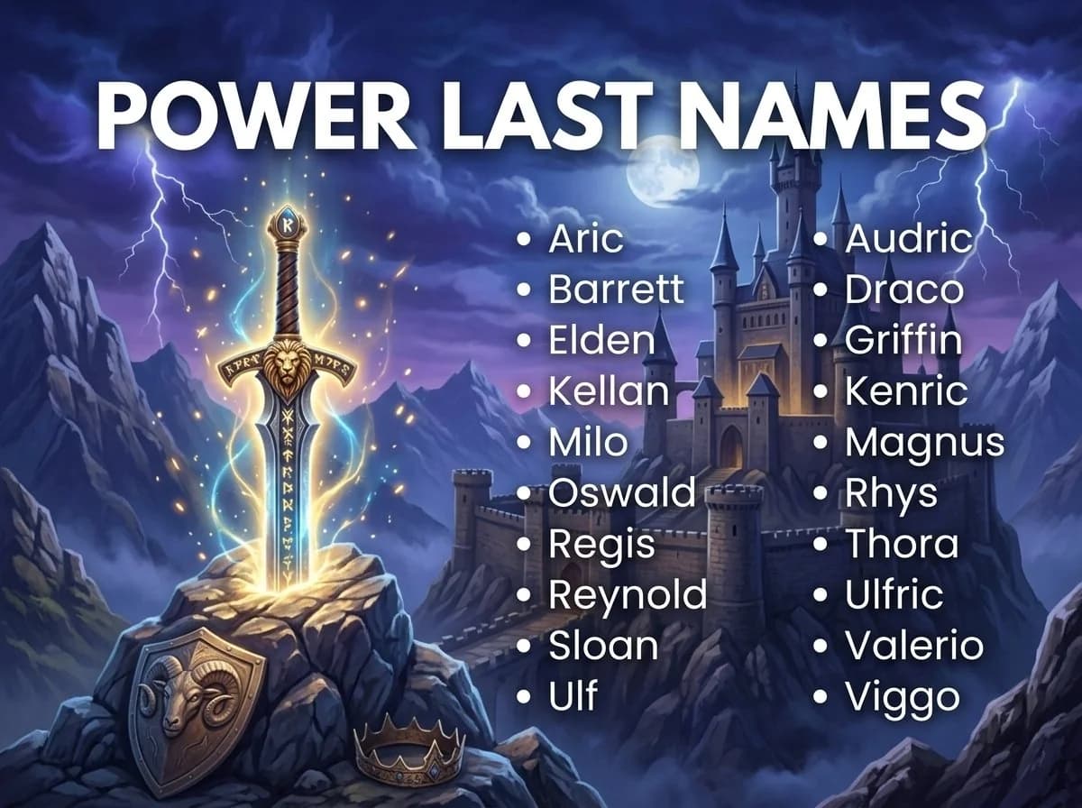 Infographic of last names that mean power: Oswald, Valerio, Aric and Audric