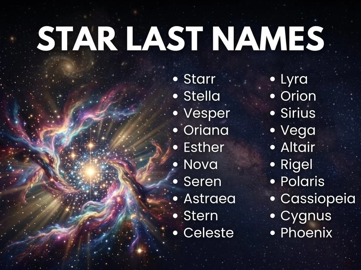 Infographic of last names that mean star: Starr, Stella, Stern and Lyra