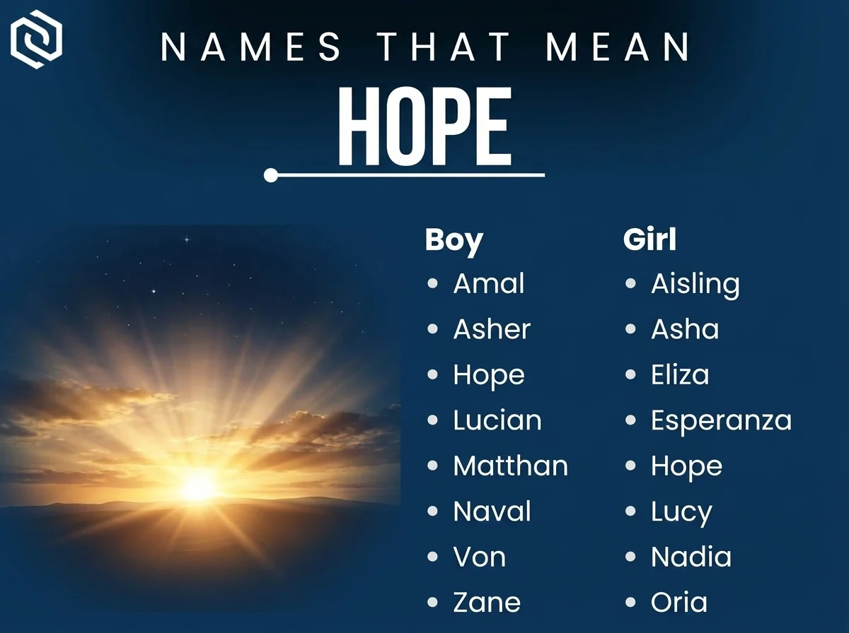 Infographic of boy and girl names that mean hope: Amal, Asher, Asha and Esperanza