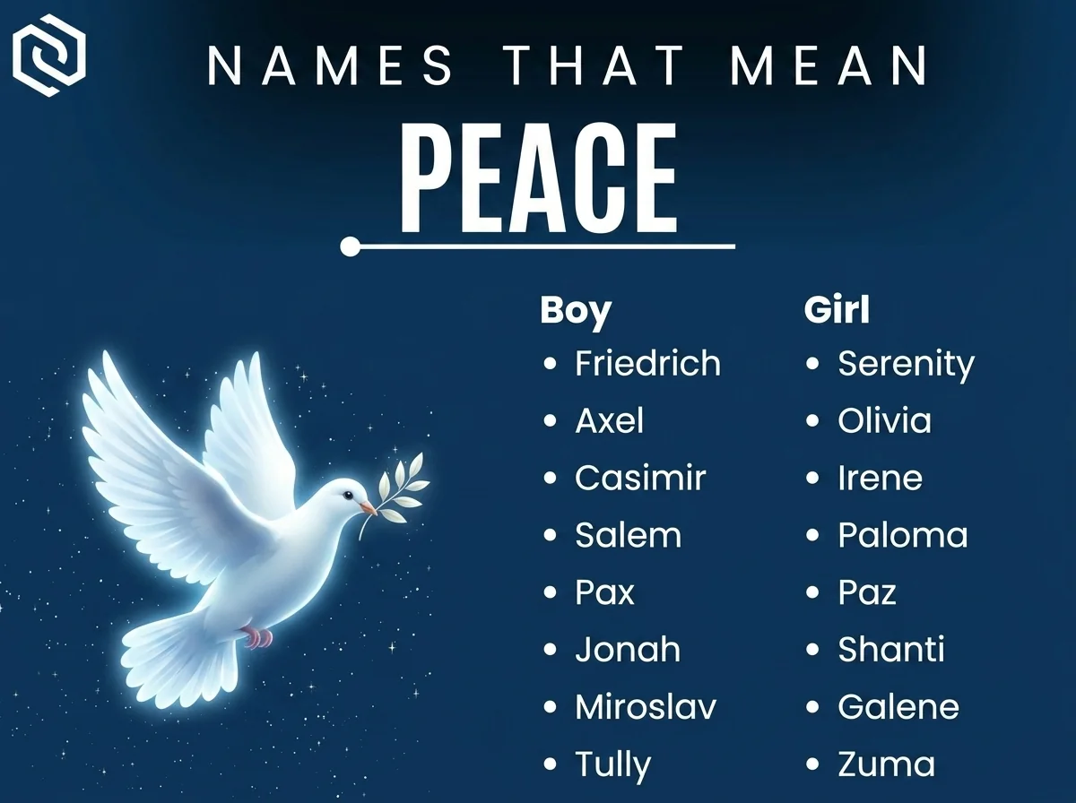 Infographic of boy and girl names that mean peace: Serenity, Axel, Casimir and Salem