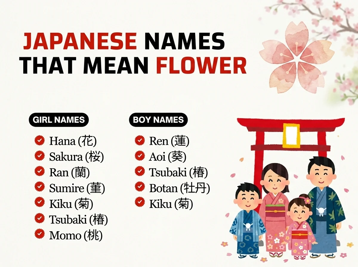 Infographic of japanese boy and girl names that mean flower: Hana, Ren, Sakura and Aoi