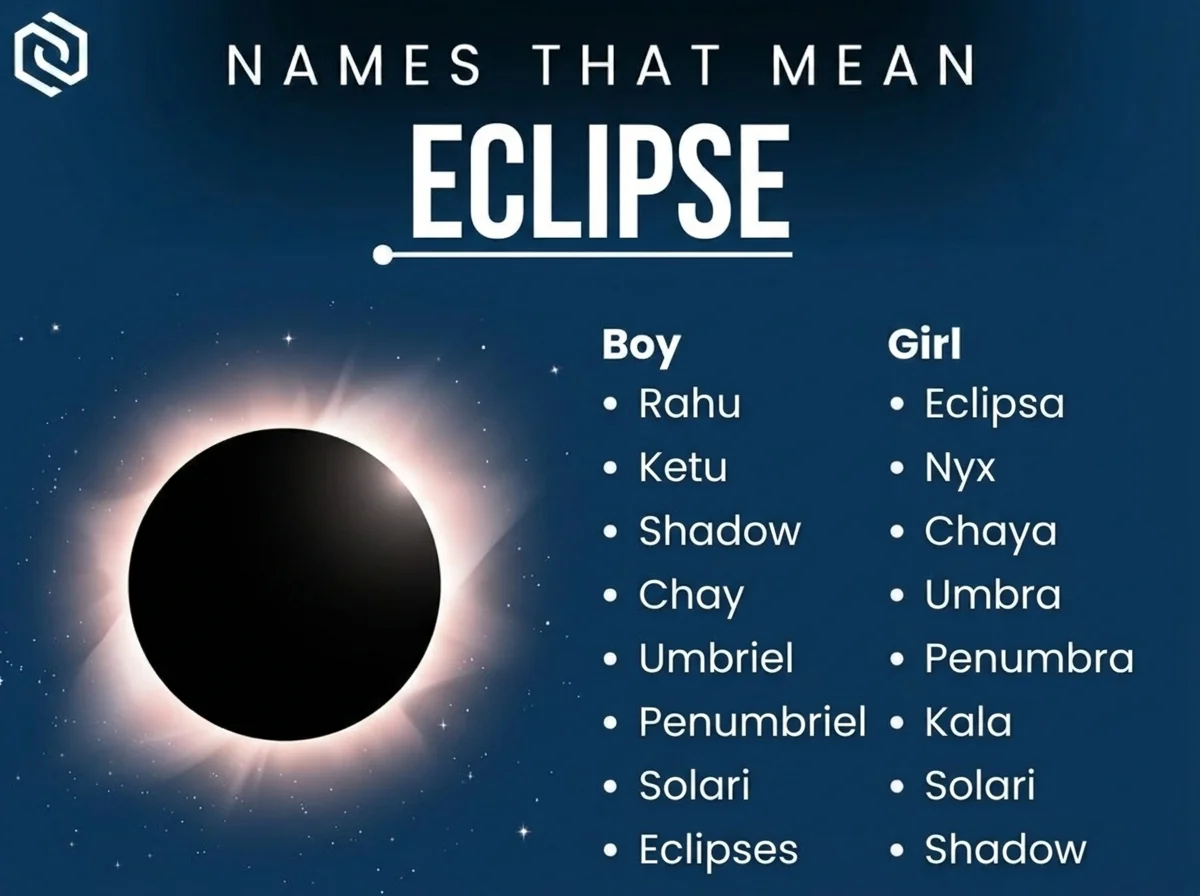 Infographic of boy and girl names that mean eclipse: Rahu, Ketu, Nyx and Umbra