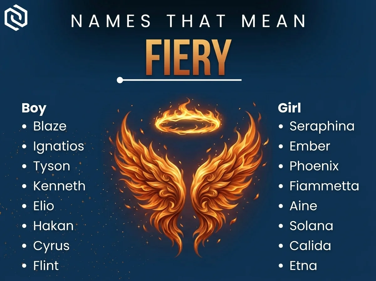 Infographic of boy and girl names that mean fiery: Blaze, Seraphina, Ember and Kenneth