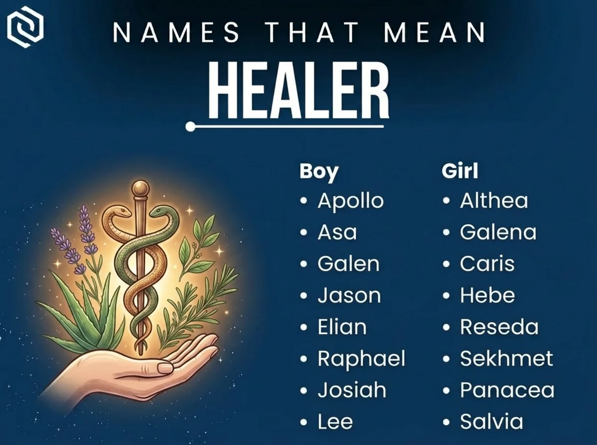Infographic of boy and girl names that mean healer: Althea, Asa, Galena and Galen