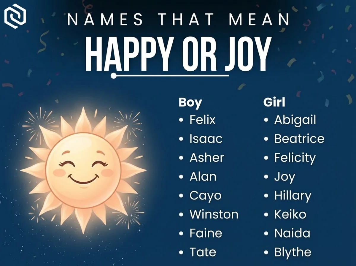 Infographic of boy and girl names that mean happy or joy: Beatrice, Asher, Felicity and Winston