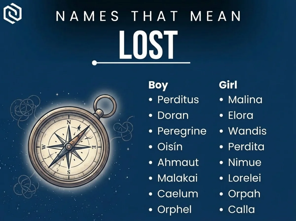 Infographic of boy and girl names that mean lost: Perdita, Caelum, Perditus and Malina