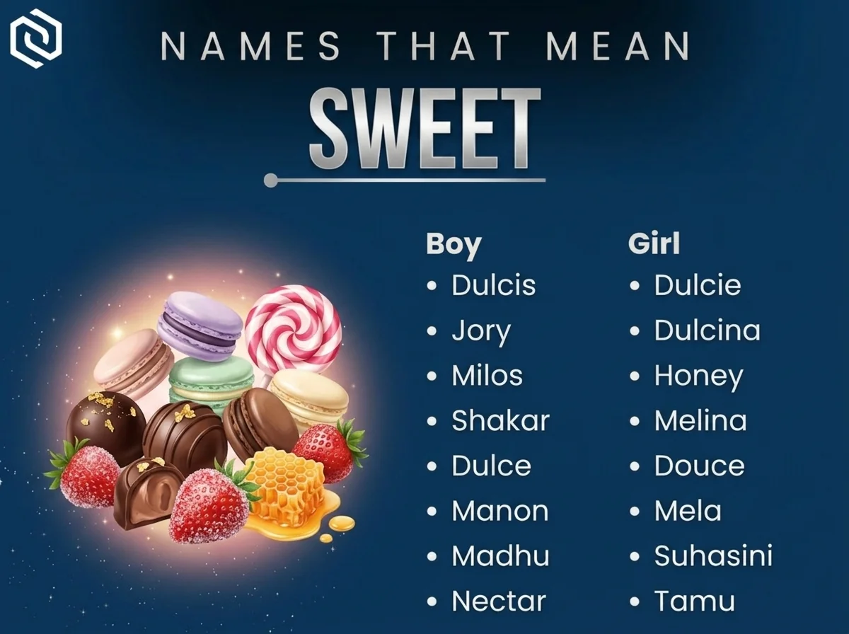 Infographic of boy and girl names that mean sweet: Dulcis, Dulcie, Dulcina and Honey