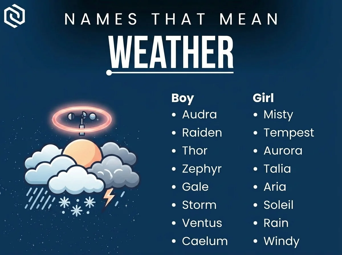 Infographic of boy and girl names that mean weather: Misty, Raiden, Tempest and Thor