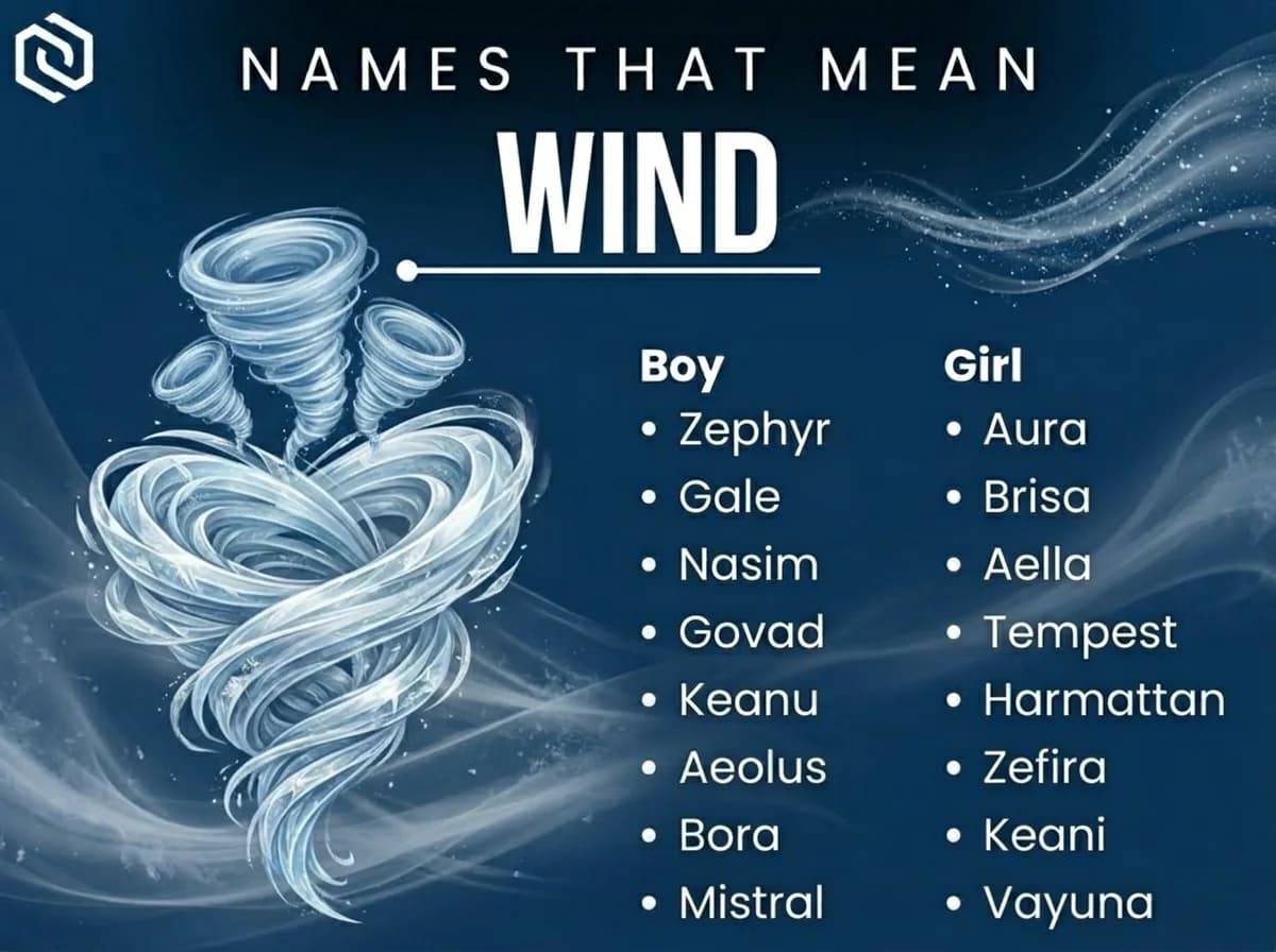 Infographic of boy and girl names that mean wind: Zephyr, Aura, Gale and Nasim