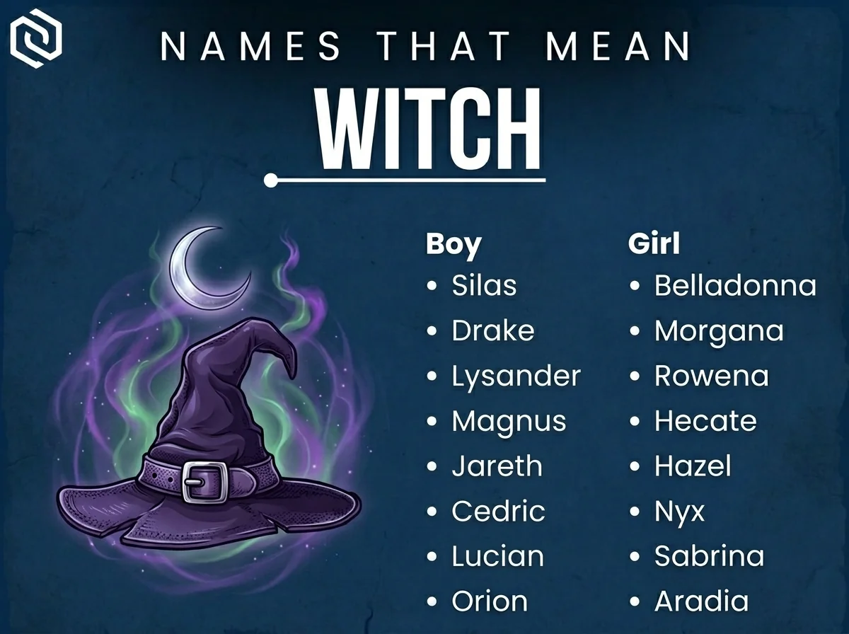 Infographic of boy and girl names that mean witch: Hecate, Silas, Belladonna and Drake