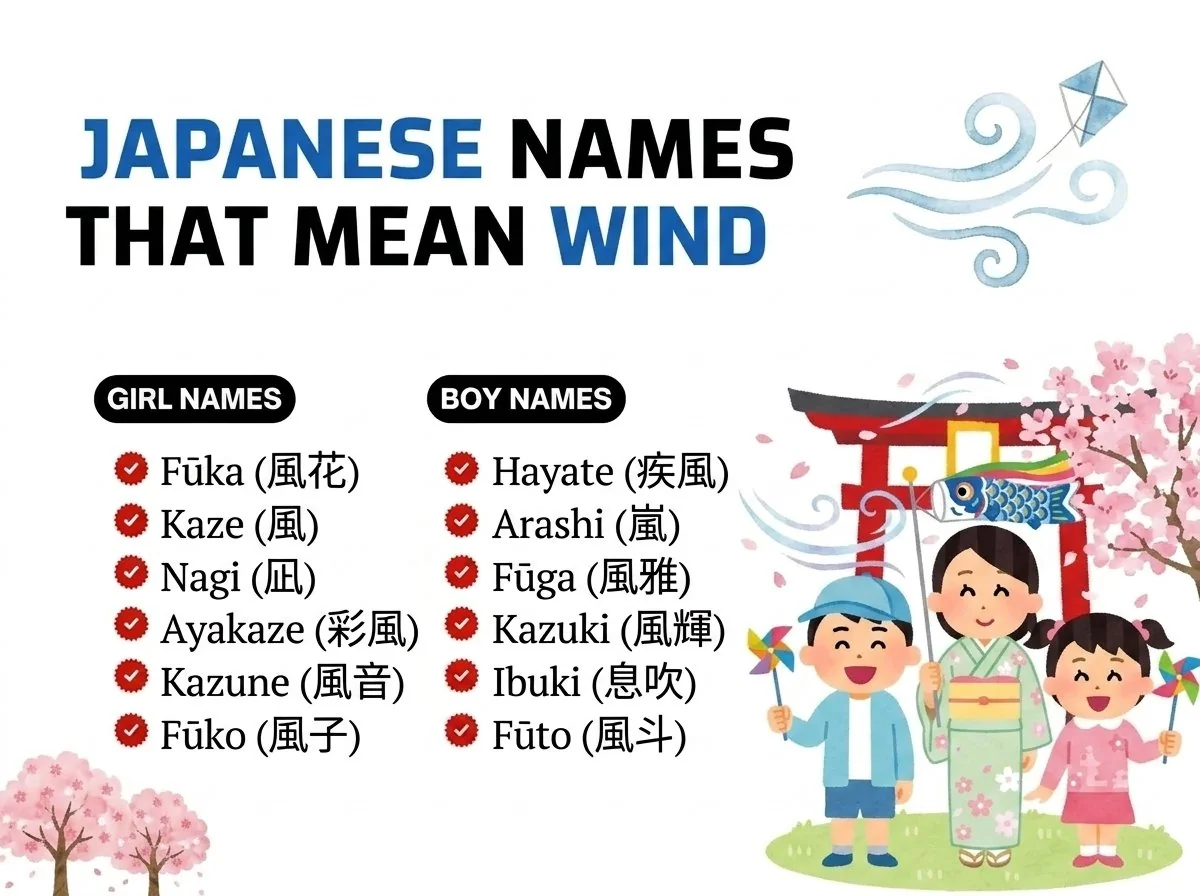 Infographic of japanese boy and girl names that mean wind: Hayate, Kaze, Arashi and Fuka