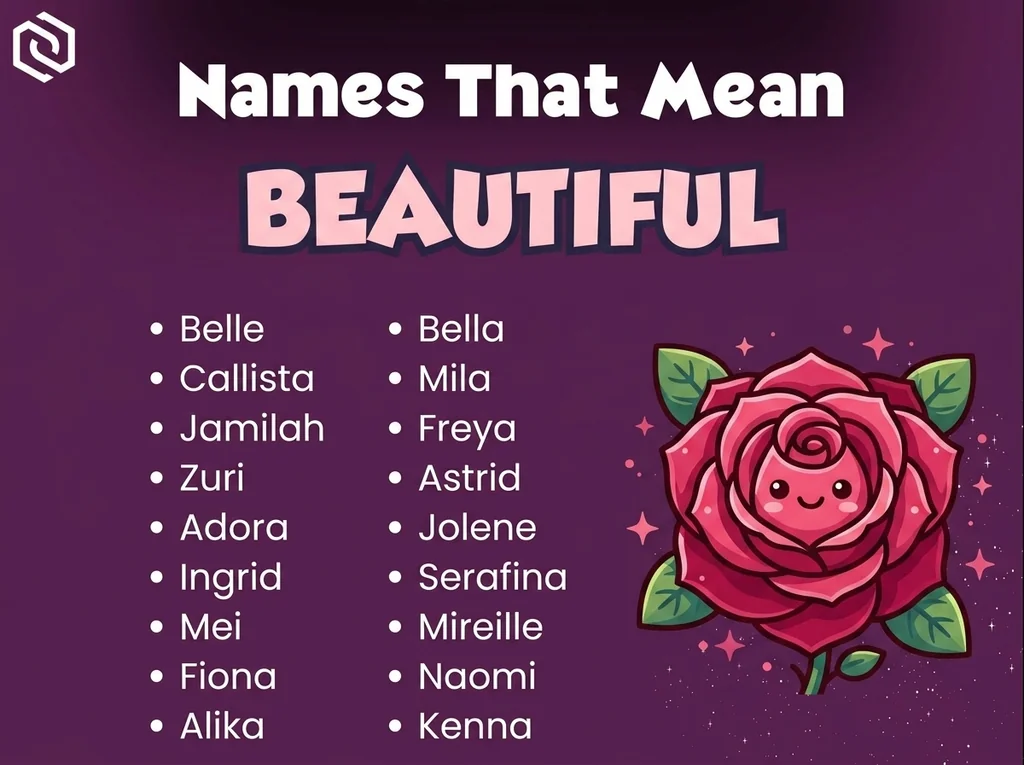 Infographic of baby names that mean beautiful: Bella, Callista, Mei and Belle