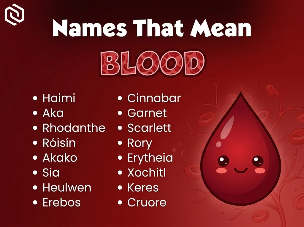 Infographic of baby names that mean blood: Haimi, Cinnabar, Aka and Garnet