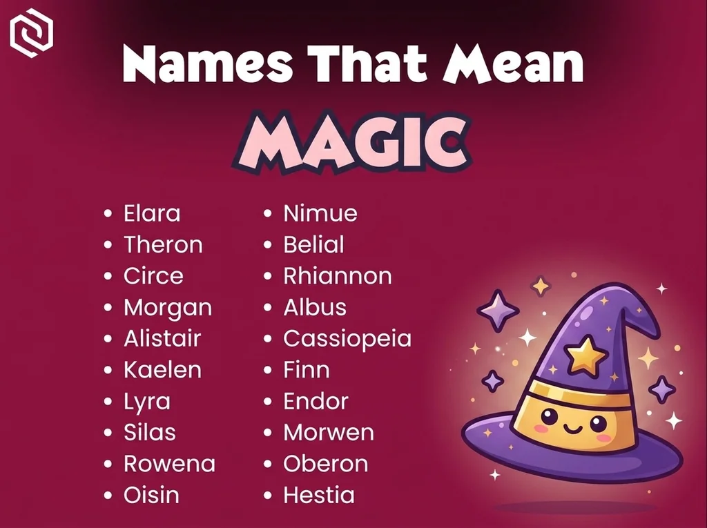 Infographic of baby names that mean magic: Nimue, Theron, Circe and Rhiannon