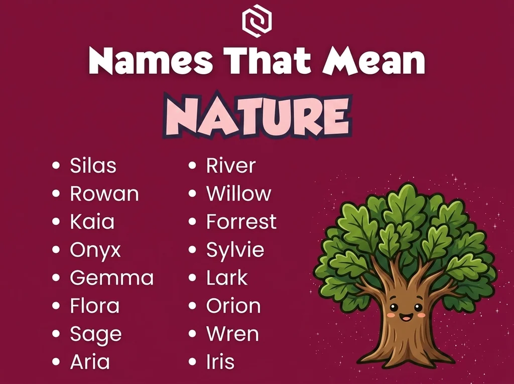 Infographic of baby names that mean nature: Rowan, Willow, Forrest and Flora