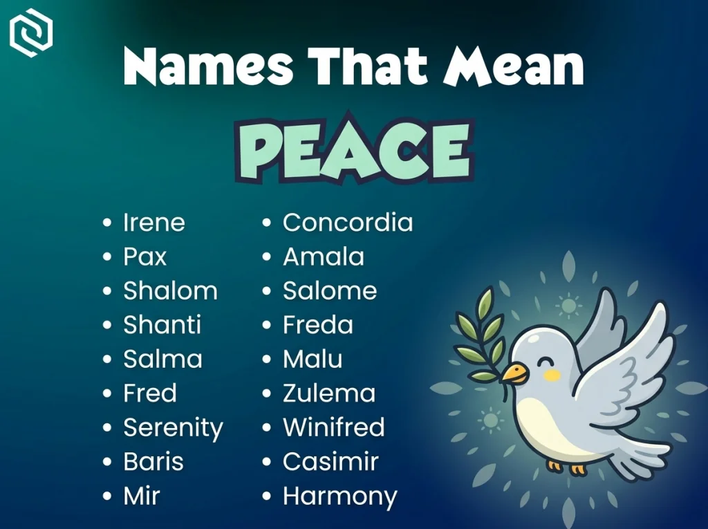Infographic of baby names that mean peace: Concordia, Pax, Shalom and Salome