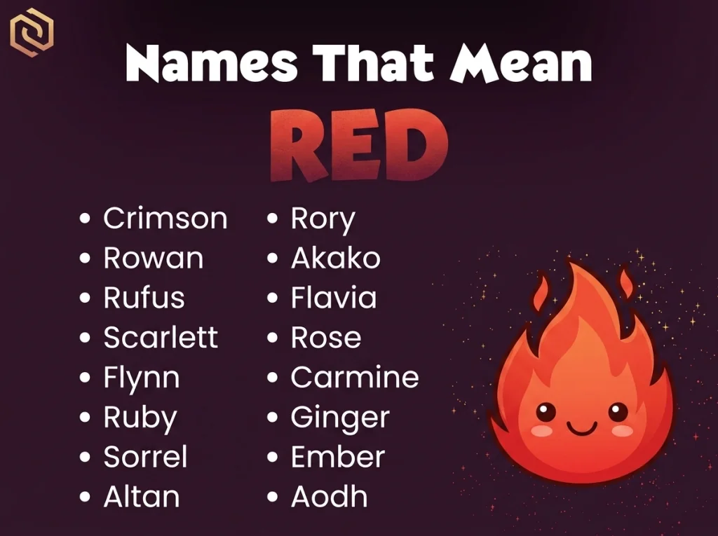 Infographic of baby names that mean red: Rowan, Rufus, Scarlett and Flynn